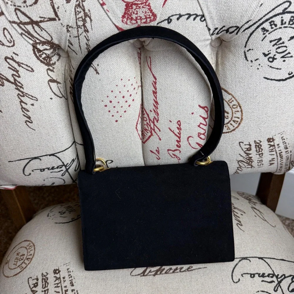 Vintage Koret Black Koretelope Kid Suede Handbag with Coin Purse Gold Hardware